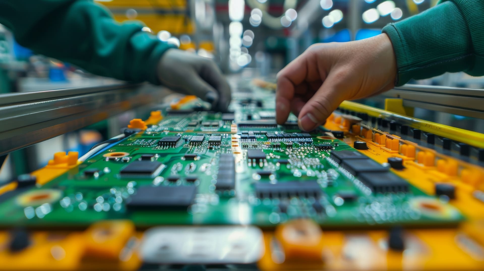 assembling-circuit-boards-assembly-line-by-hand-high-tech-factory Bobinados Castel, Reparación de Motores industriales y bombas de agua para la industria