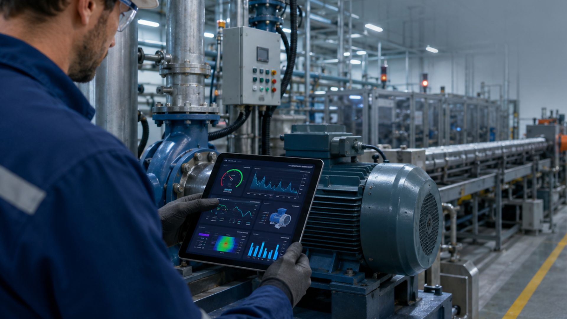 Técnico industrial supervisa el funcionamiento de un motor eléctrico con una tablet en una planta de producción.