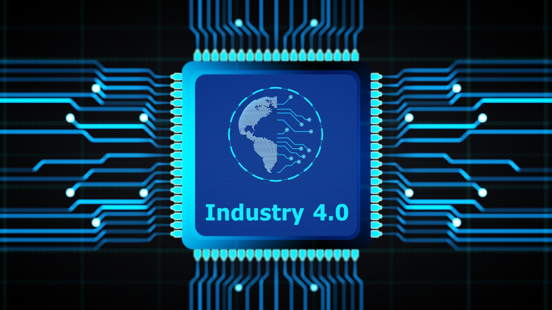 Chip electrónico con el texto Industry 4.0, representando la digitalización industrial y el mantenimiento conectado.