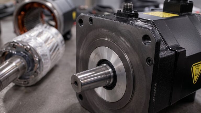 Primer plano de un servomotor industrial negro con su eje metálico sobre una mesa de trabajo en un taller. Al fondo se ven piezas internas de otros motores desenfocadas
