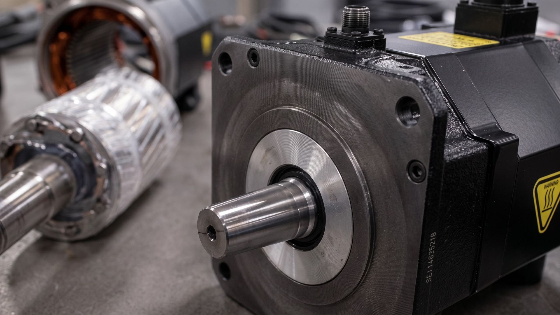 Primer plano de un servomotor industrial negro con su eje metálico sobre una mesa de trabajo en un taller. Al fondo se ven piezas internas de otros motores desenfocadas